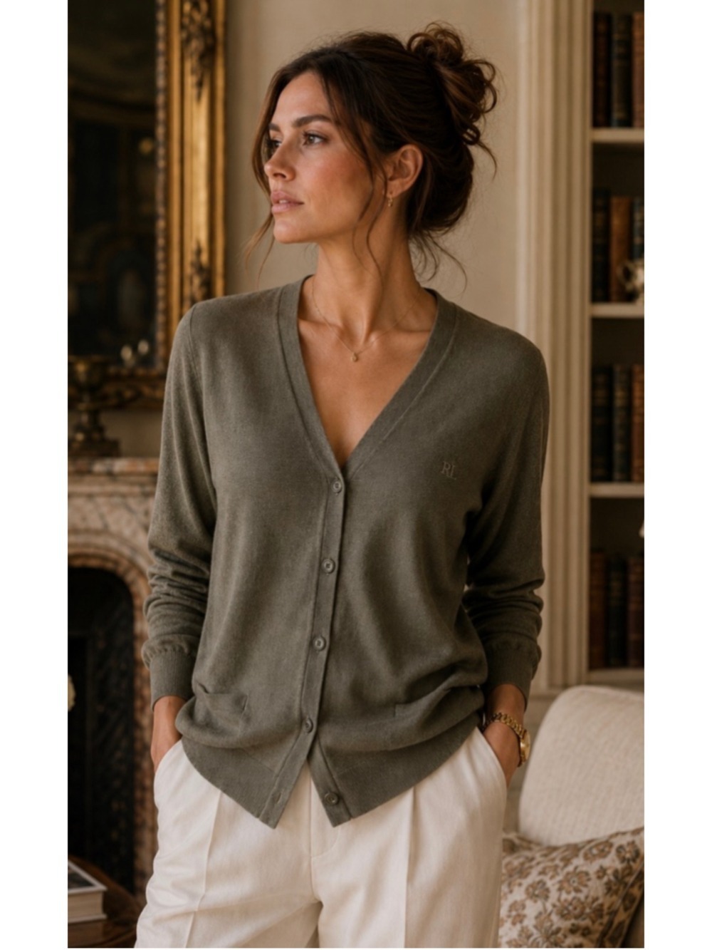 Lauren Ralph Lauren Olive Cardigan Sweater, Size XL New Minimalist Chic